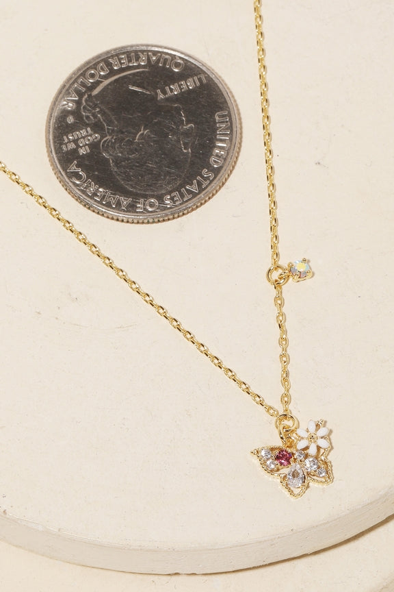 Butterfly Rhinestone Flower Pendant Necklace - Grace Boutique