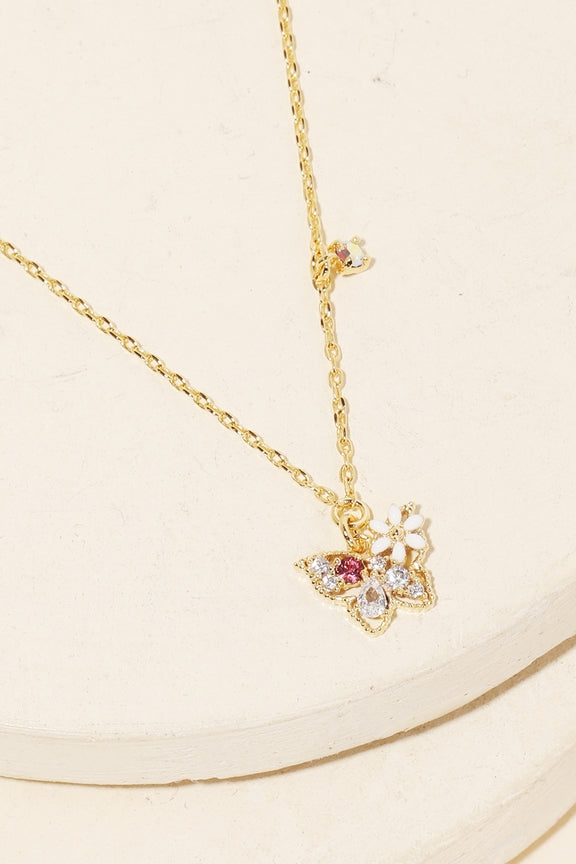 Butterfly Rhinestone Flower Pendant Necklace - Grace Boutique