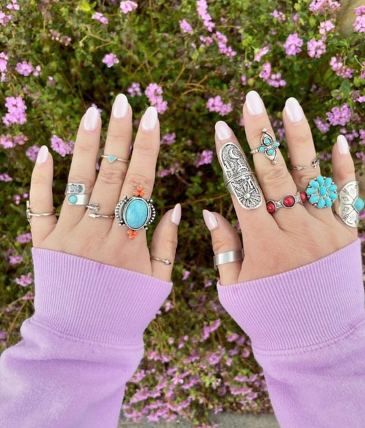 Set of 8 Southwest Style Turquoise & Silver Rings - Grace Boutique