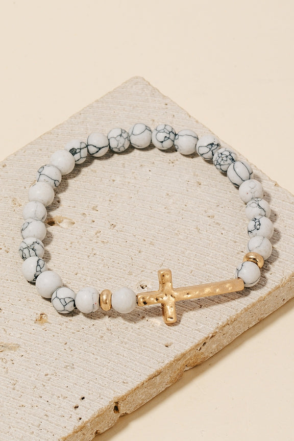 Cross Charm Natural Howlite Beaded Bracelet - Grace Boutique