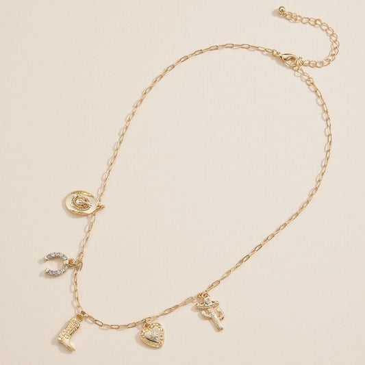 Western Charm Necklace with Horseshoe, Boot, Heart & Cactus