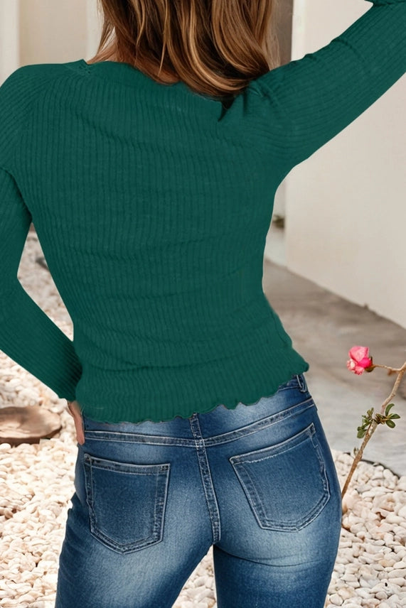 Lace U Neck Button Decor Lettuce Edge Ribbed Top - Grace Boutique