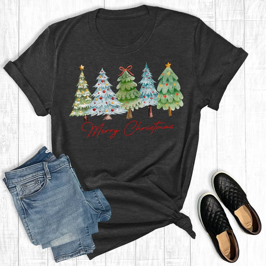 Retro Merry Christmas Trees Graphic Tee - Grace Boutique